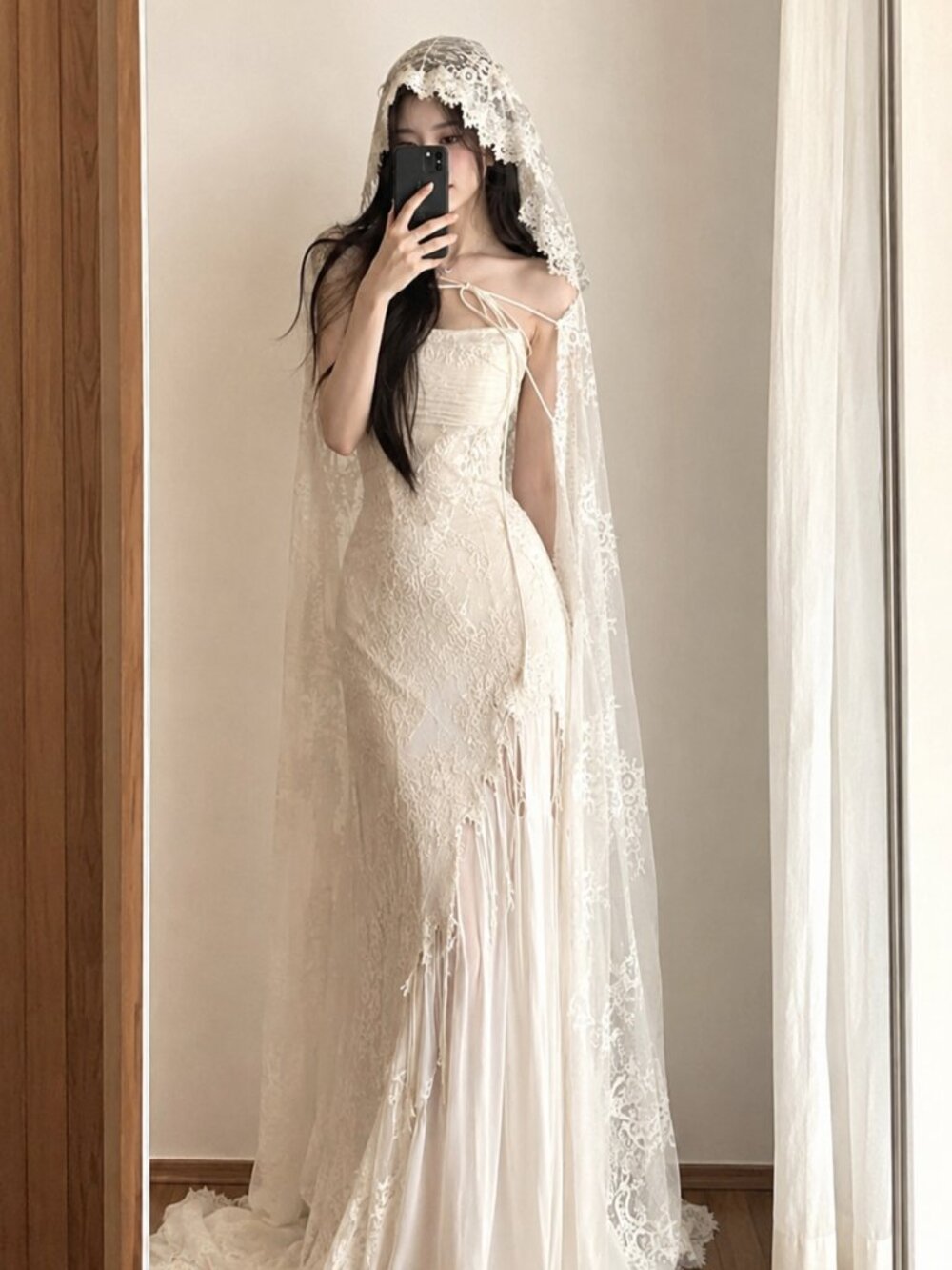 Ivory Lace Corset Maxi Dress Veil Set Fairycore Coquette XS-S